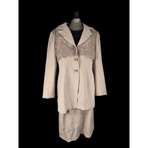 Badgley Mischka Womens Beige Embellished Silk Skirt Suit Size 12 Jacket &  Skirt - Picture 1 of 16